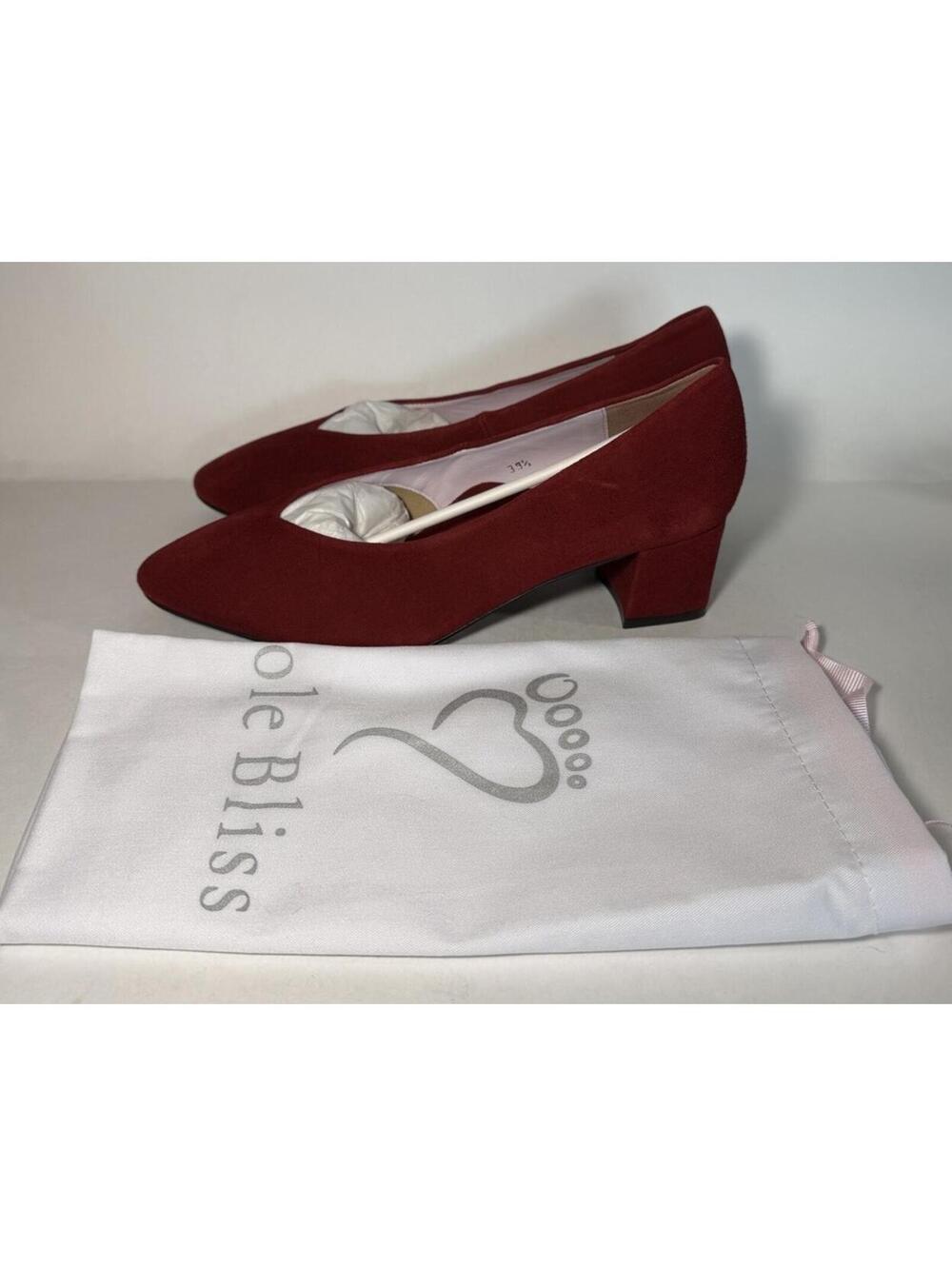 SOLE BLISS Ingrid Almond Toe Suede Block Heel Cherry Red
